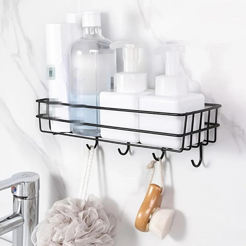 GoldPaddy Multipurpose Steel Self-Adhesive Bathroom Shelf for Wall with Hooks/Towel Holder/Rack/Bathroom Organiser Accessories-Wall Mount - 1 Pack - Image 4