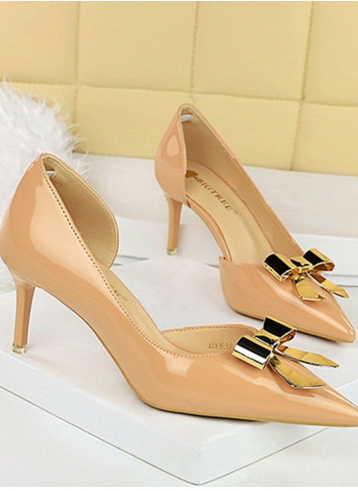 BIGTREE Women's Patent Leather Closed Pointed Toe High Heels Metal Bowknot Decoration Stiletto Pumps Beige 7.5CM  - Image 2