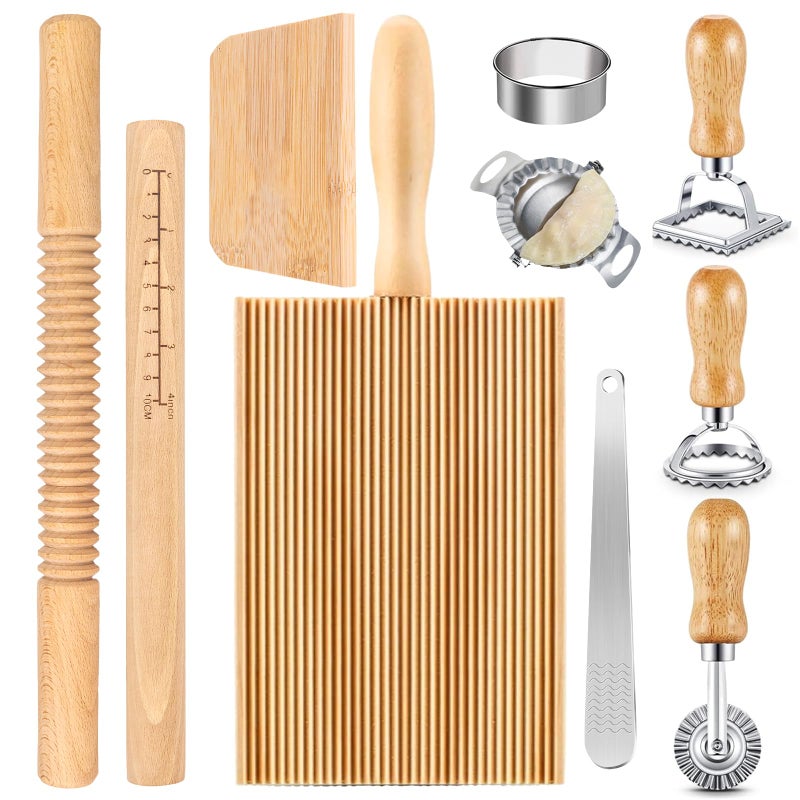 WodGod 10 Pcs Pasta Making Tools Set, Manual Pierogi Maker, Ravioli Stamp Cutter, Wooden Rolling Pin, Dough Scraper, Gnocchi Board, 5 Ravioli Stamp Maker Cutter - Image 1