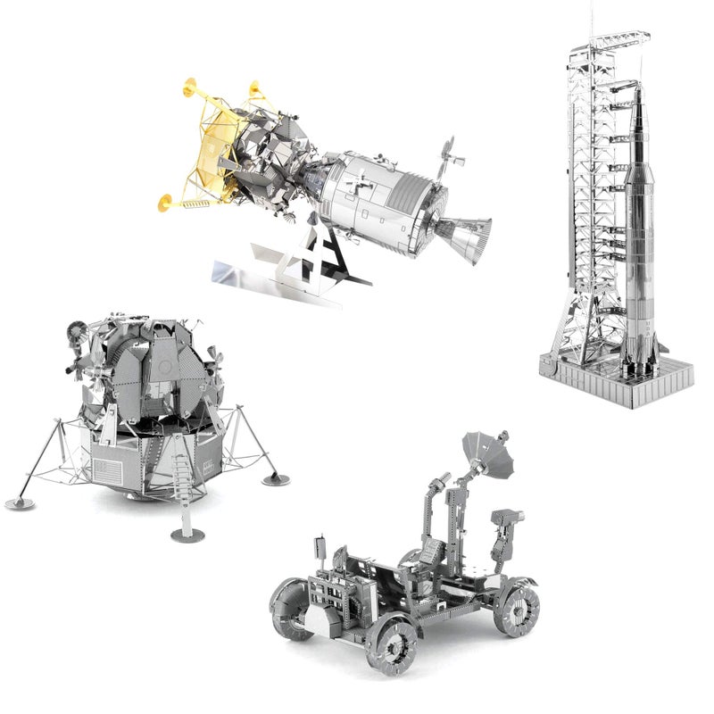 Fascinations Apollo 3D Metal Model Kits Set of 4 - CSM with LM, Lunar Module, Rover, Saturn V with Gantry - Image 1