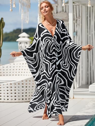 IMAGEKOPE Women's Plus Size Animal Print V-Neck Batwing Kaftan Beach Dress Bathing Suit Cover-Up Loungewear - Image 3