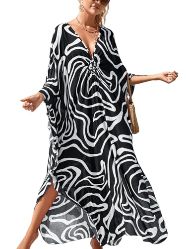 IMAGEKOPE Women's Plus Size Animal Print V-Neck Batwing Kaftan Beach Dress Bathing Suit Cover-Up Loungewear - Image 1