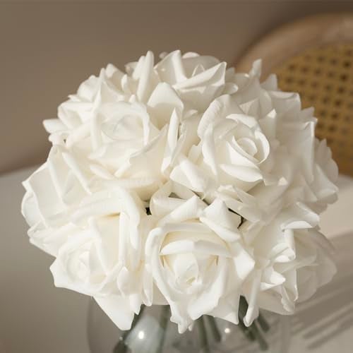 DUYONE Artificial Roses Single Stem 10pcs Fake Silk Flower Arrangement Bouquet Real Touch for Home Party Wedding Decoration(White) - Image 1