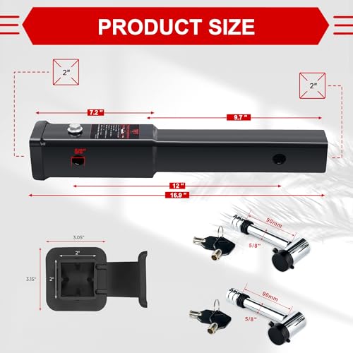 TYT Trailer Hitch Extension 18" inch, Trailer Extender for 2-inch Receiver with 5/8" Advanced Hitch Pin Lock 2-Pack, 5000 lbs GTW / 500 lbs TW - Image 2