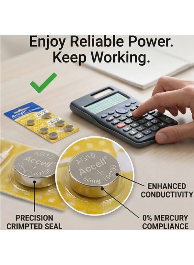 اكسيل بطارية Accell LR1130 AG10 1.5 فولت (10 قطع) – بطارية زر قلوية ممتازة للحاسبات والساعات والإلكترونيات - Image 3