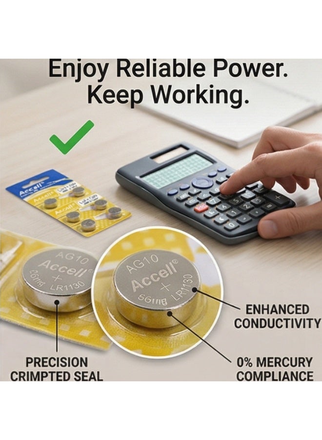 اكسيل بطارية Accell LR1130 AG10 1.5 فولت (10 قطع) – بطارية زر قلوية ممتازة للحاسبات والساعات والإلكترونيات - Image 4