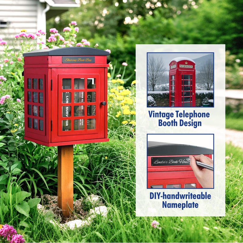 BGCTM Outdoor Book Sharing Box, Waterproof Tin Roof Wooden Book Exchange Cabinet for Communities, Neighborhoods, and Schools, DIY Literature Storage for Books, Magazines, and Art (Red Tel. Booth) - Image 1