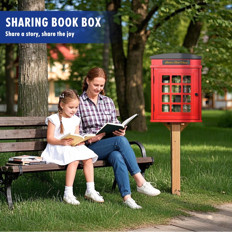 BGCTM Outdoor Book Sharing Box, Waterproof Tin Roof Wooden Book Exchange Cabinet for Communities, Neighborhoods, and Schools, DIY Literature Storage for Books, Magazines, and Art (Red Tel. Booth) - Image 5