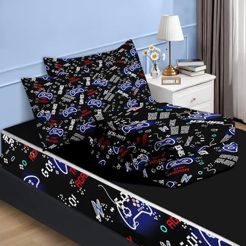 Nesker Zipper Bedding Twin Black Game Zip Up Bedding Set for Boys and Kids, Neon Gaming Gaepad 3 Pcs Comforter Bed in a Bag with Fitted Sheet and 2 Pcs Pillowcases - Image 2