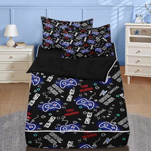 Nesker Zipper Bedding Twin Black Game Zip Up Bedding Set for Boys and Kids, Neon Gaming Gaepad 3 Pcs Comforter Bed in a Bag with Fitted Sheet and 2 Pcs Pillowcases - Image 1