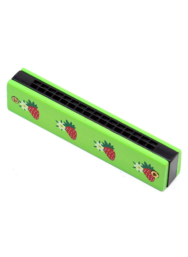 Generic Strawberry Green Wooden Harmonica 16 Holes Children'S Harmonica Music Toy Kindergarten Music Teaching Aids Elementary School Students Beginners Wind Instrument  - Image 1