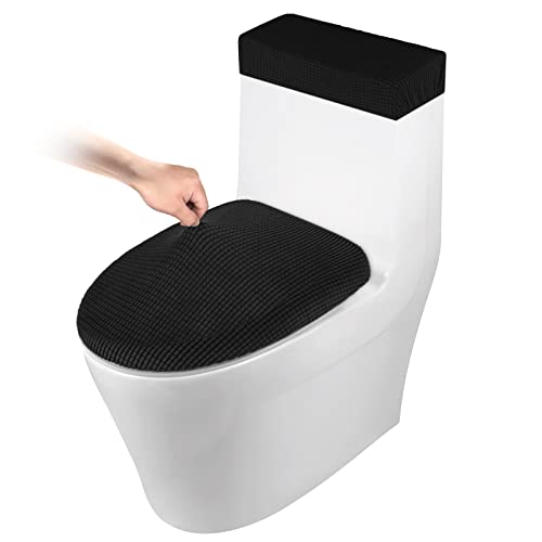 AZHCHKE Toilet Lid Cover and Toilet Tank Cover Stretch Toilet Covers Set for Bathroom, Polyester Spandex Jacquard Fabric, Machine Washable, with Elastic Bottom, Black - Image 1