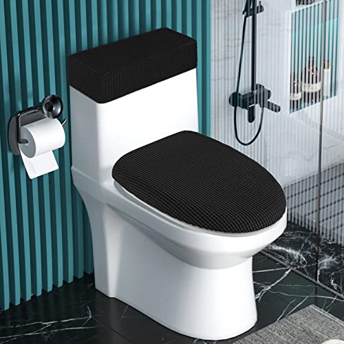 AZHCHKE Toilet Lid Cover and Toilet Tank Cover Stretch Toilet Covers Set for Bathroom, Polyester Spandex Jacquard Fabric, Machine Washable, with Elastic Bottom, Black - Image 2
