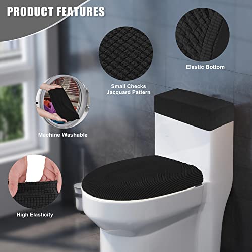 AZHCHKE Toilet Lid Cover and Toilet Tank Cover Stretch Toilet Covers Set for Bathroom, Polyester Spandex Jacquard Fabric, Machine Washable, with Elastic Bottom, Black - Image 3