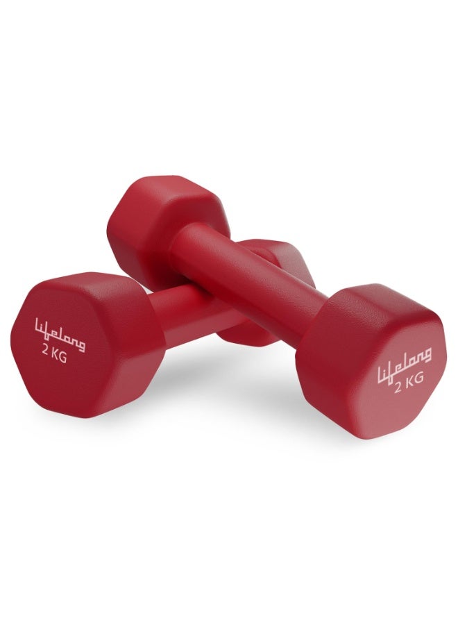 Lifelong Neoprene Dumbbells Set of 2 (2kg x 2) Fixed Weight Set for Home Gym, Fitness, Gym Exercise, Home Workout Weights for Men & Women, Red - Image 1
