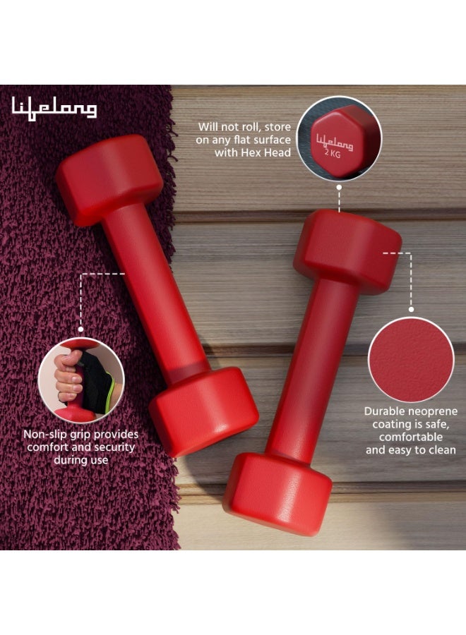 Lifelong Neoprene Dumbbells Set of 2 (2kg x 2) Fixed Weight Set for Home Gym, Fitness, Gym Exercise, Home Workout Weights for Men & Women, Red - Image 3