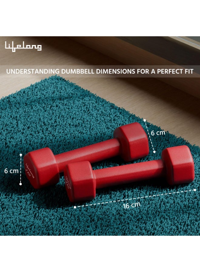 Lifelong Neoprene Dumbbells Set of 2 (2kg x 2) Fixed Weight Set for Home Gym, Fitness, Gym Exercise, Home Workout Weights for Men & Women, Red - Image 4