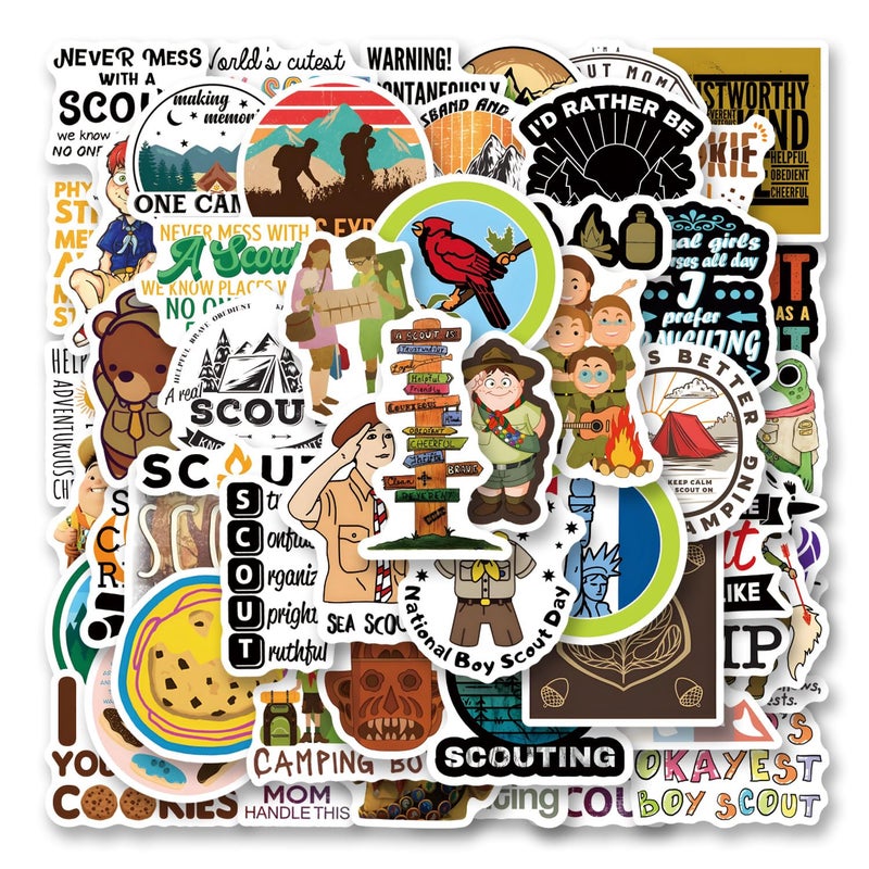 YEESACG 64pcs Boy Scouts Sticker, Cute Cartoon Vinyl Waterproof Stickers for Water Bottle,Skateboard,Laptop,Phone,Journaling,Scrapbooking Decals for Party Supply Decor - Image 1