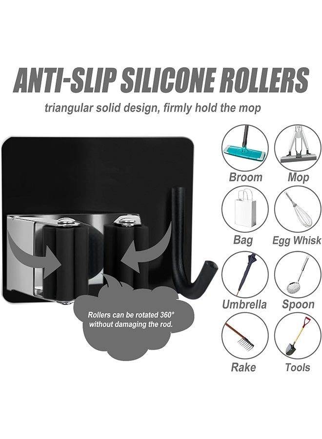 Broom Holder Wall Mounted, 6 Pcs Stainless Steel Self Adhesive Mop Broom Holder with Hooks Hanger, Mop Holder for Bathroom Kitchen Office Closet Garden Garage - Black  - Image 3