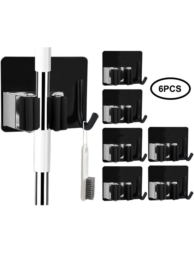 Broom Holder Wall Mounted, 6 Pcs Stainless Steel Self Adhesive Mop Broom Holder with Hooks Hanger, Mop Holder for Bathroom Kitchen Office Closet Garden Garage - Black  - Image 1