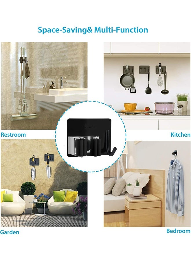 Broom Holder Wall Mounted, 6 Pcs Stainless Steel Self Adhesive Mop Broom Holder with Hooks Hanger, Mop Holder for Bathroom Kitchen Office Closet Garden Garage - Black  - Image 4