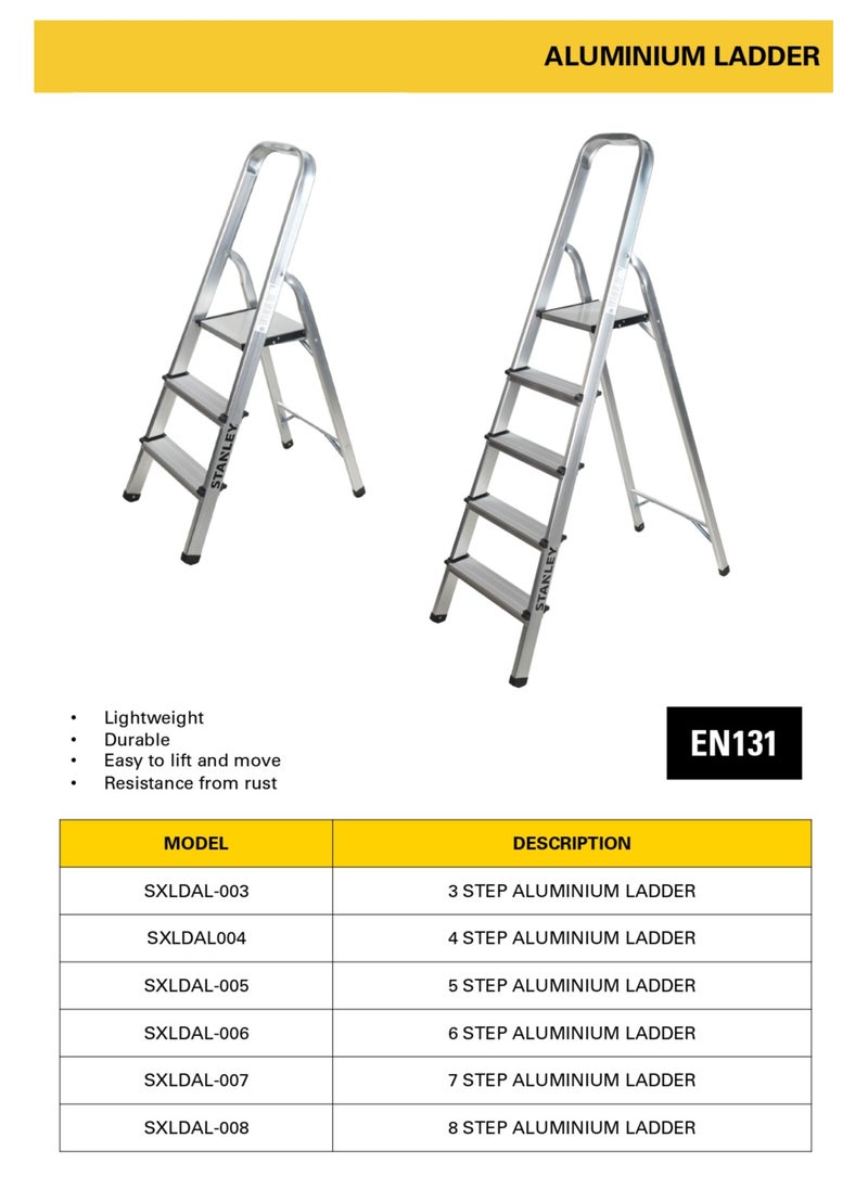 Stanley - STANLEY Step Ladder | 3 Steps Aluminum Ladder | Anti Slip Steps | Non-Slip Rubber Edge Guards | 150 KG Loading Capacity | EN131 Approved - Image 1