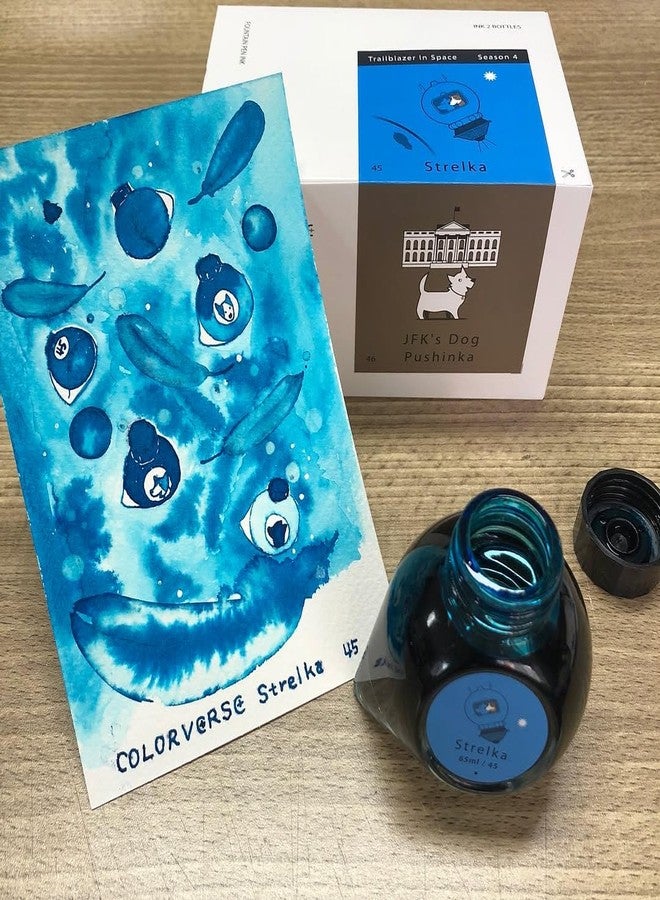 Colorverse Strelka & JFK's Dog Pushinka | Blue & Brown | Fountain Pen Ink Bottles | 65ml & 15ml | Dye Based | 2 Bottle Set | Multiverse Series - Image 2