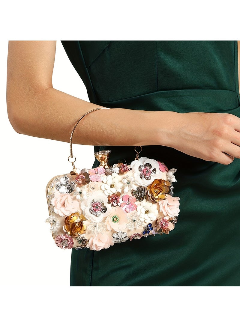 Elegant Mini Flower Decor Clutch Bag – Sparkling Rhinestone Evening Handbag with Exquisite Design, Perfect for Women's Dinner Party, Carnaval & Formal Occasions (7.87"x4.33"x1.77"), Pink  - Image 3