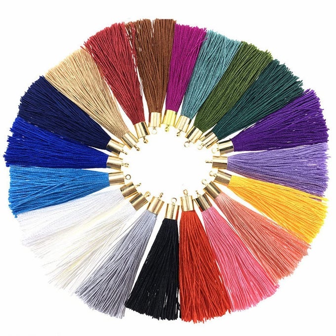 100PCS MULTI COLOR POLYESTER BOHO GRADUATION CRAFT TASSELS WITH GOLD CAP FOR KEYCHAIN MAKING DECORATIVE TASSELS FOR CRAFT JEWELRY MAKING EARRING GRADUATION CHARMS