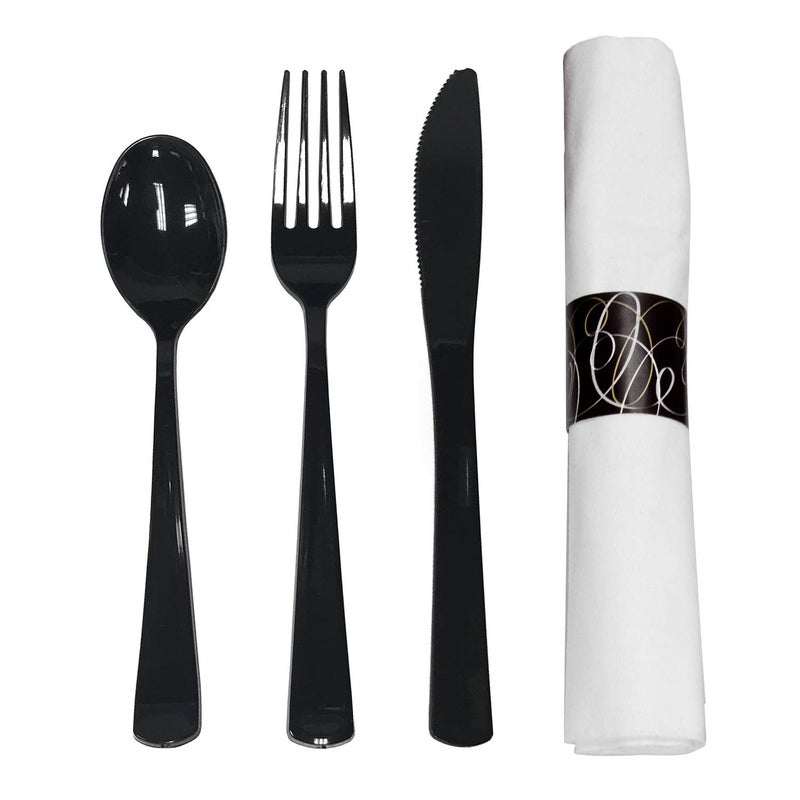 Party Essentials Party Supplies Wrapped Silverware Set Disposable Pre Rolled Napkin and Cutlery SpoonsForksKnives Black 50 Units