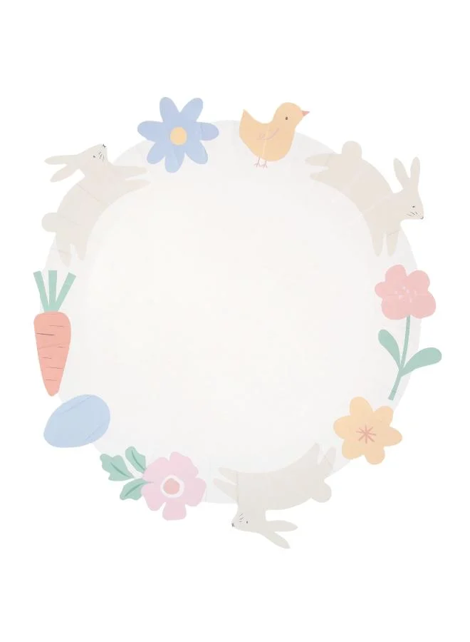 Easter Icons Edged Dinner Plates - Pack of 8, 450gsm Paper Plates with Bunnies, Chicks, Carrots and Flowers, Soft Spring Colors, Stylish Party Tableware for Easter Celebrations