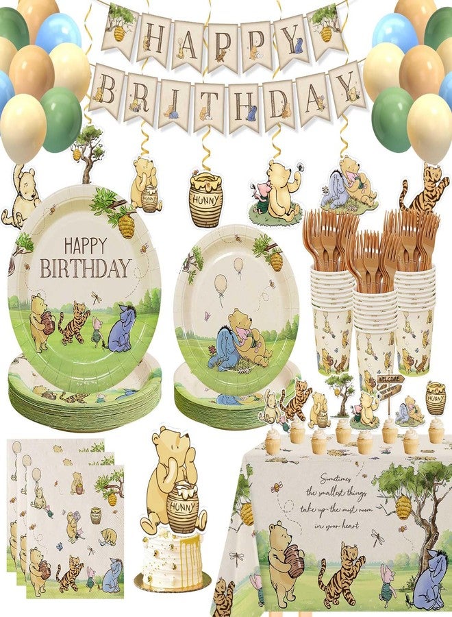 Heboland 192pcs Winnie Birthday Decorations, Vintage Pooh Bear Plates Napkins Cups Forks Tablecloth Balloons Banner Hanging Swirls Cupcake Toppers for Boy Girl Party Supplies 25 Guests - Image 1