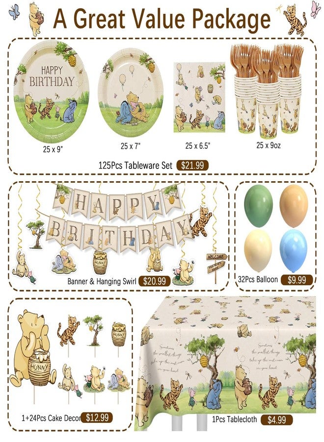 Heboland 192pcs Winnie Birthday Decorations, Vintage Pooh Bear Plates Napkins Cups Forks Tablecloth Balloons Banner Hanging Swirls Cupcake Toppers for Boy Girl Party Supplies 25 Guests - Image 2