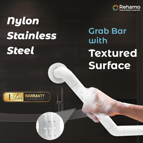 Rehamo 60° Angled Nylon Stainless Steel Grab Bar for Bathroom Safety | Wall Mounted Toilet Hand Support with Textured Anti-Slip Grip | Heavy Duty Elderly & Senior Safety Rail 30x30cm - Image 3