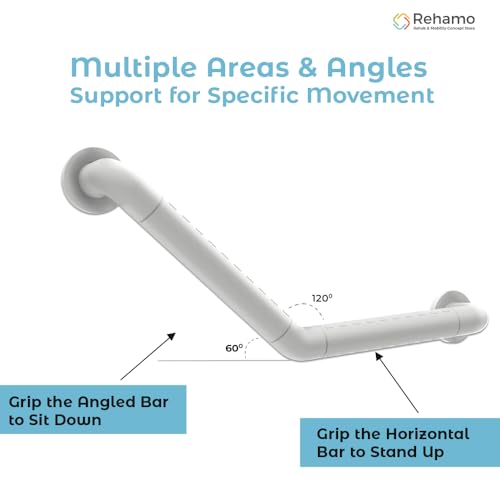 Rehamo 60° Angled Nylon Stainless Steel Grab Bar for Bathroom Safety | Wall Mounted Toilet Hand Support with Textured Anti-Slip Grip | Heavy Duty Elderly & Senior Safety Rail 30x30cm - Image 4