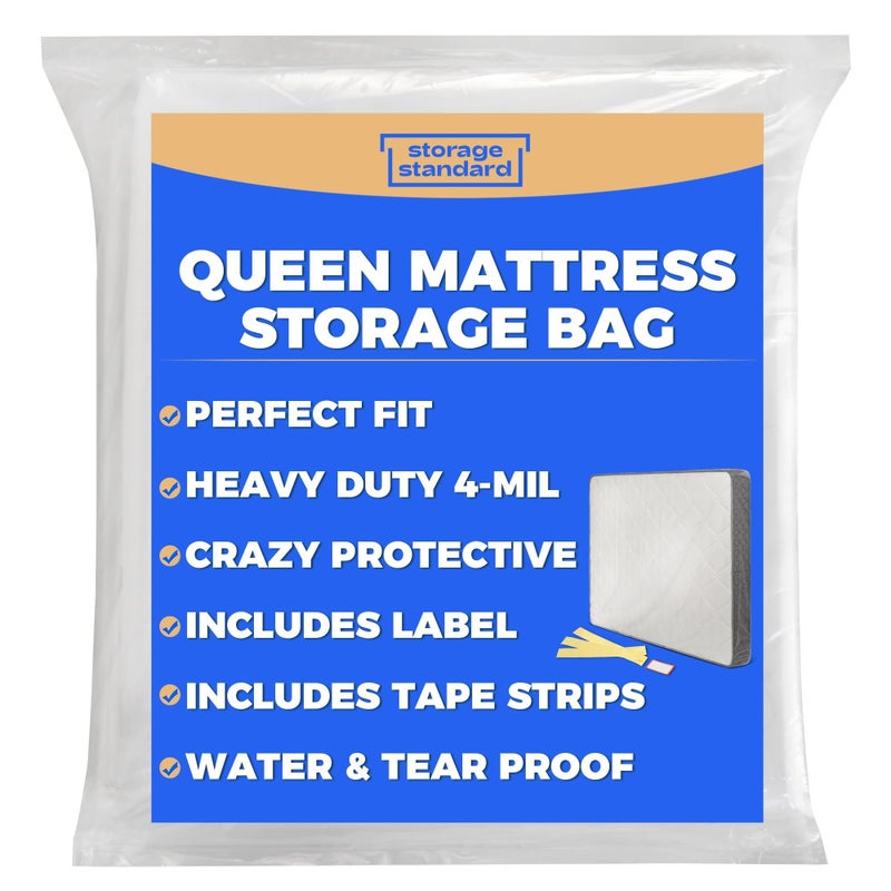 Storage Standard Queen Mattress Bags for Moving & Storage - Heavy Duty Thick 4mil Reusable Bag Mattresses Covering, Waterproof Plastic Perfect Bed Fit - Clear, 100 Ã— 64 x 15 Inches - Image 1