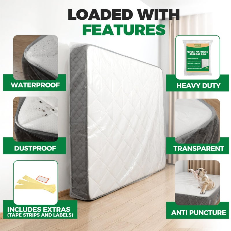 Storage Standard Queen Mattress Bags for Moving & Storage - Heavy Duty Thick 4mil Reusable Bag Mattresses Covering, Waterproof Plastic Perfect Bed Fit - Clear, 100 Ã— 64 x 15 Inches - Image 2