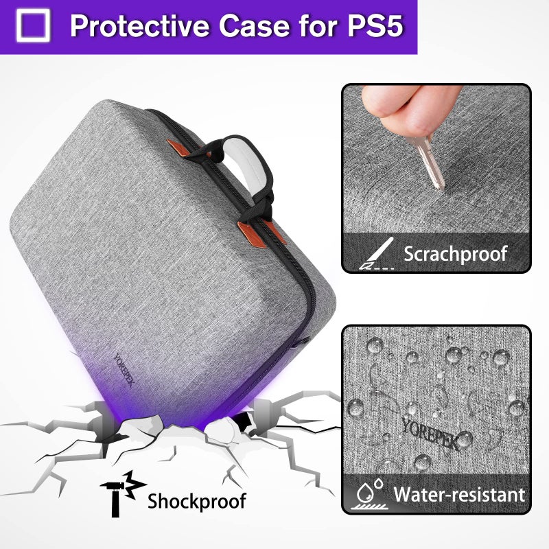 Yorepek حقيبة حمل صلبة YOREPEK متوافقة مع PS5 و PS5 Pro، حقيبة حماية للسفر مناسبة لإصدار بلاي ستيشن 5 الرقمي، وحدة التحكم، وحدات التحكم، سماعة الرأس وملحقات الألعاب، رمادي - Image 2