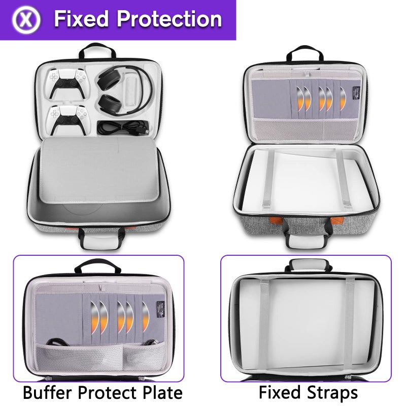 Yorepek حقيبة حمل صلبة YOREPEK متوافقة مع PS5 و PS5 Pro، حقيبة حماية للسفر مناسبة لإصدار بلاي ستيشن 5 الرقمي، وحدة التحكم، وحدات التحكم، سماعة الرأس وملحقات الألعاب، رمادي - Image 4