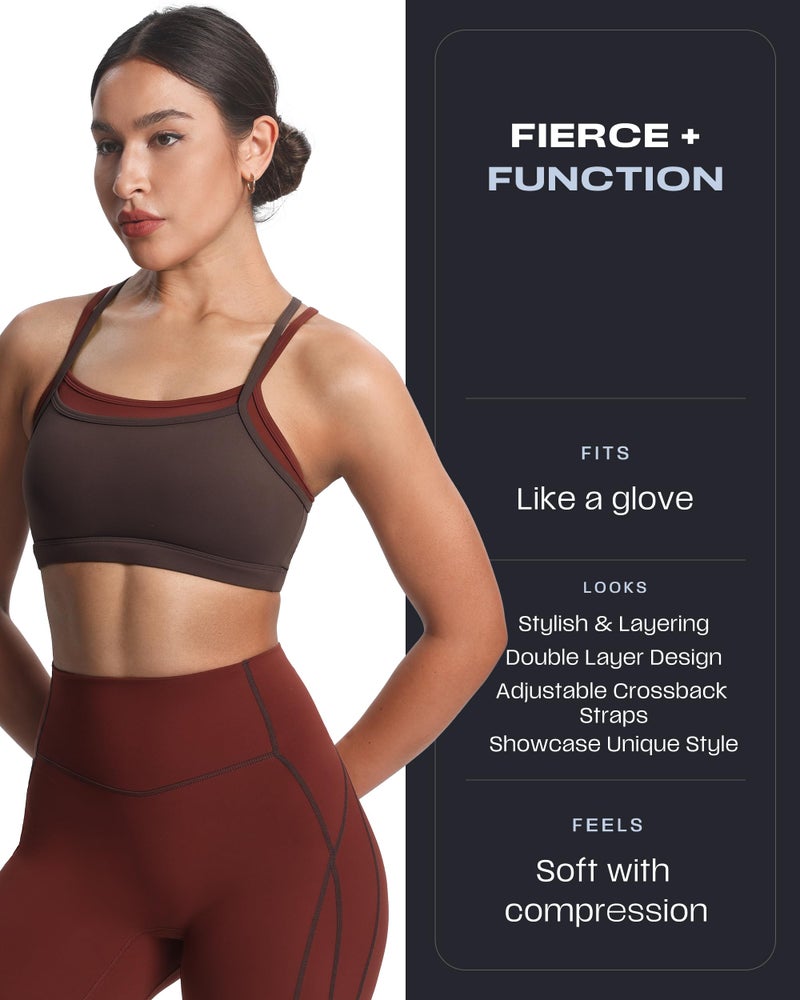 Aoxjox Women's Workout Sports Bras Takes Two Bra High Impact Training Fitness Running Yoga Crop Tank (Mulch/Rum Raisin, Large) - Image 2