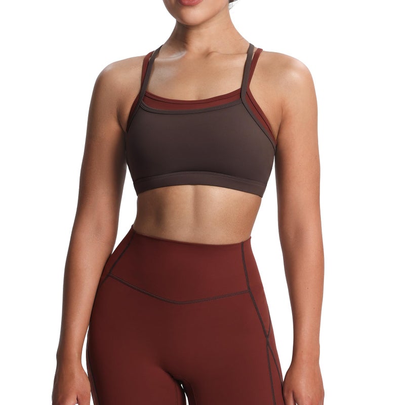 Aoxjox Women's Workout Sports Bras Takes Two Bra High Impact Training Fitness Running Yoga Crop Tank (Mulch/Rum Raisin, Large) - Image 1