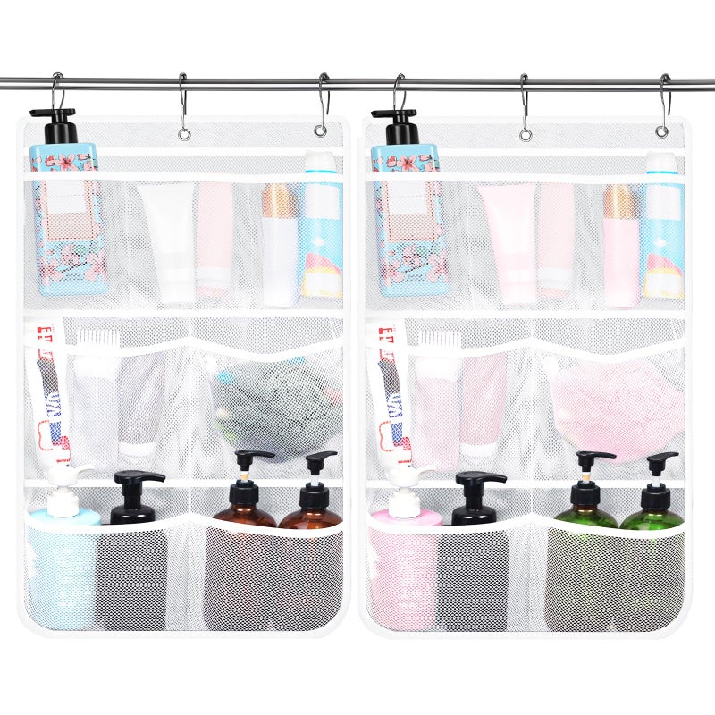 Dntorx 2 Pack Mesh Shower Hanging Caddy, 7 Pockets Hanging Shower Organizer with Metal Loop, Portable Bathroom Bag for Shampoo, Body Wash, Soap, and Cruise Ship Essentials - Image 1