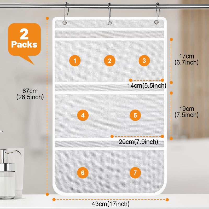 Dntorx 2 Pack Mesh Shower Hanging Caddy, 7 Pockets Hanging Shower Organizer with Metal Loop, Portable Bathroom Bag for Shampoo, Body Wash, Soap, and Cruise Ship Essentials - Image 2