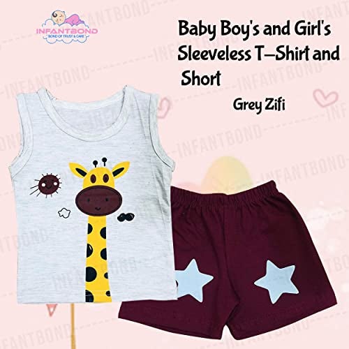 Infantbond Unisex-Child Cotton Printed Sleeveless T-Shirt and Short Clothing Set (6-9 Months, Giraffe Set), Grey - Image 3