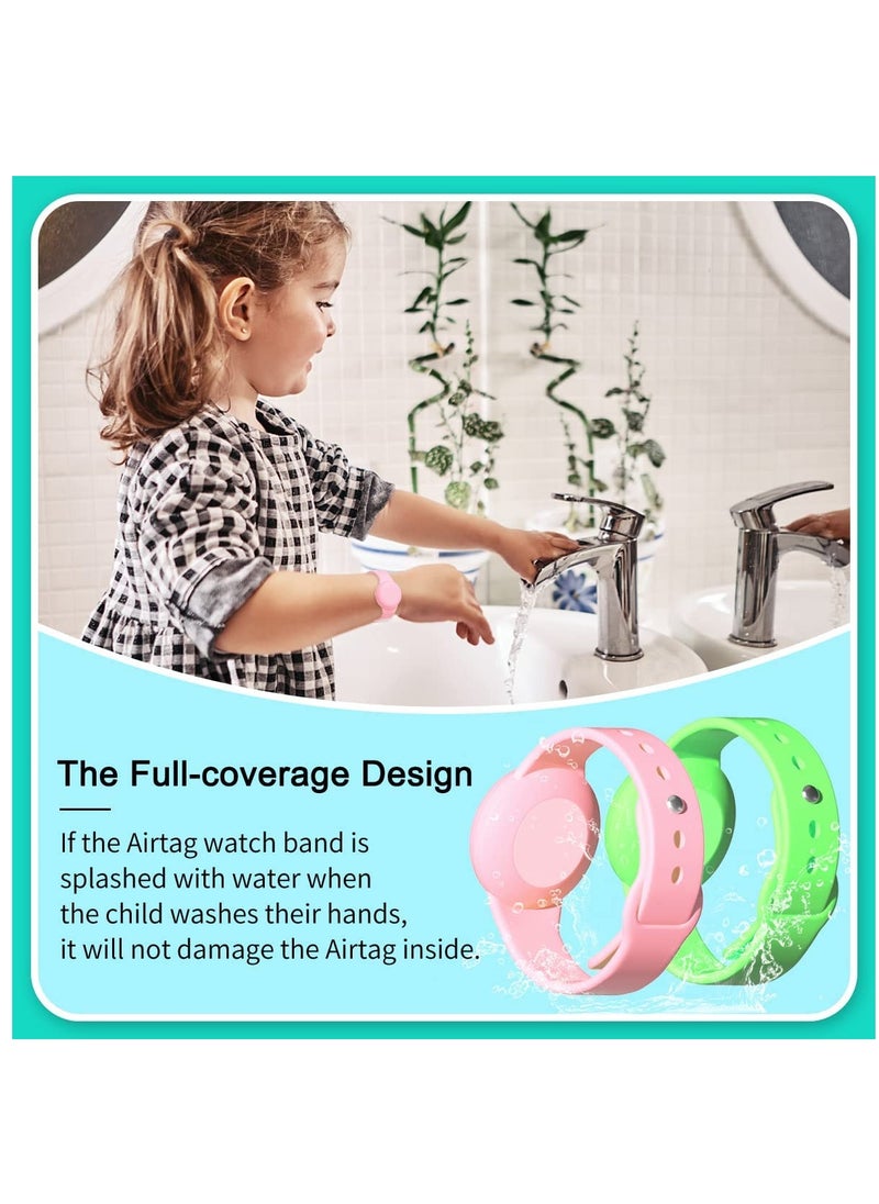 SYOSI - 2 Pack Airtag Bracelet for Kids Waterproof Silicone Wristband Full Case Cover for Apple Airtag Holder Anti Lost Watch Band Hidden Accessories for Toddler Child Strap Pink And Green - Image 1