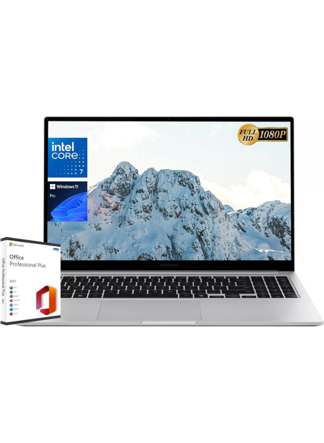 سامسونج لابتوب جالاكسي بوك 4 للأعمال بشاشة 15.6 بوصة بدقة Full HD، مع معالج كور 7/ذاكرة RAM سعة 16 جيجابايت/قرص SSD سعة 512 جيجابايت/رسومات إنتل إيريس XE/ويندوز 11 برو باللون الفضي الإنجليزي/العربي - Image 1