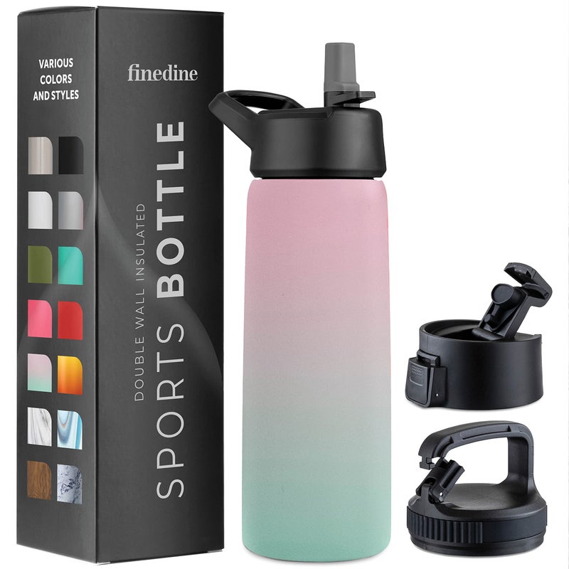 FineDine Water Bottle  Stainless Steel Insulated Water Bottle with Straw Lid Flip Lid  WideMouth Cap  Keeps Hot and Cold  25 Oz  739ml  Dreamy PinkGreen