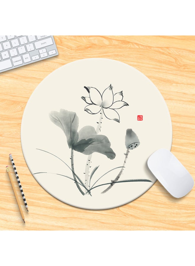 National Tide Lotus Small Size Mouse Pad Chinese Style Brush Painting Office Desk Mat Lock Edge Thickened Round Simple Flower And Bird For Men 