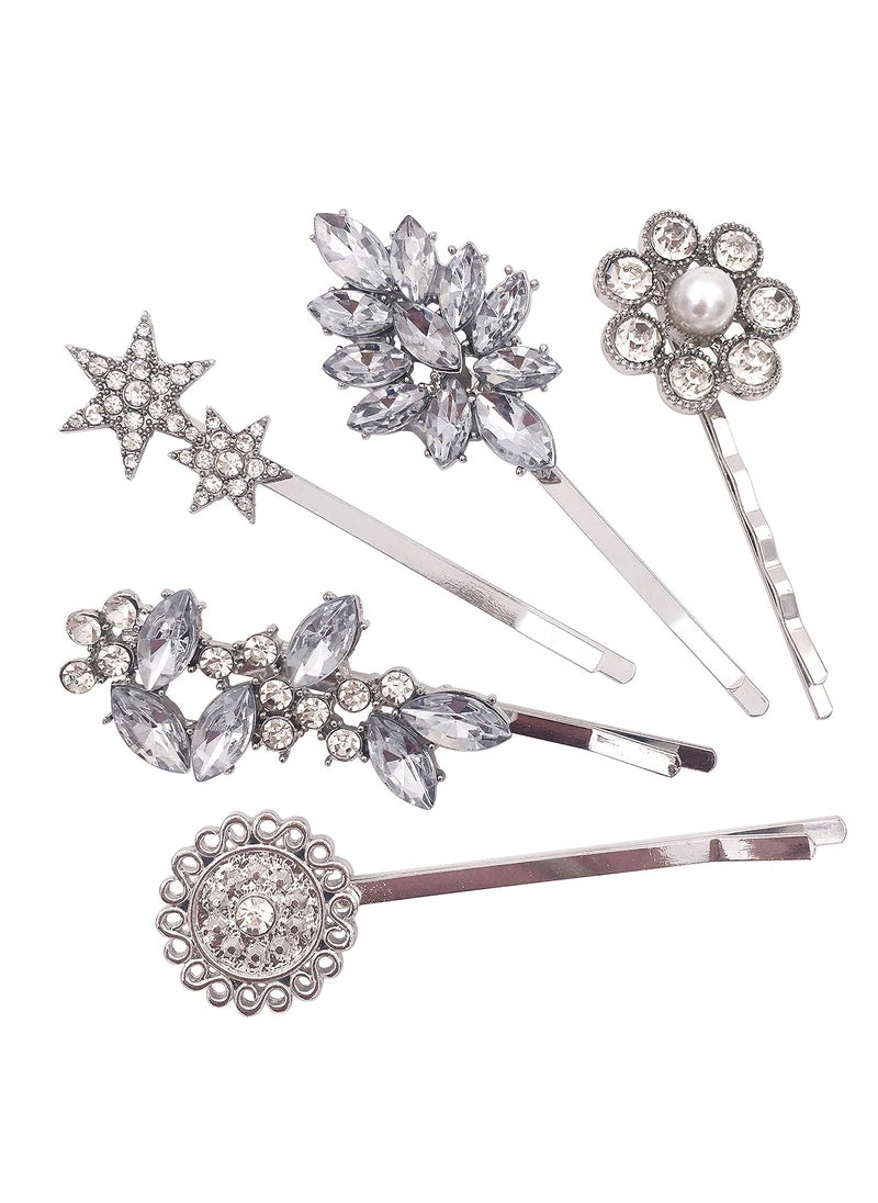 Lizzie Kay 5Pack Vintage Crystal Decorative Bobby Pins Hair Accessories Silver Tone Women 