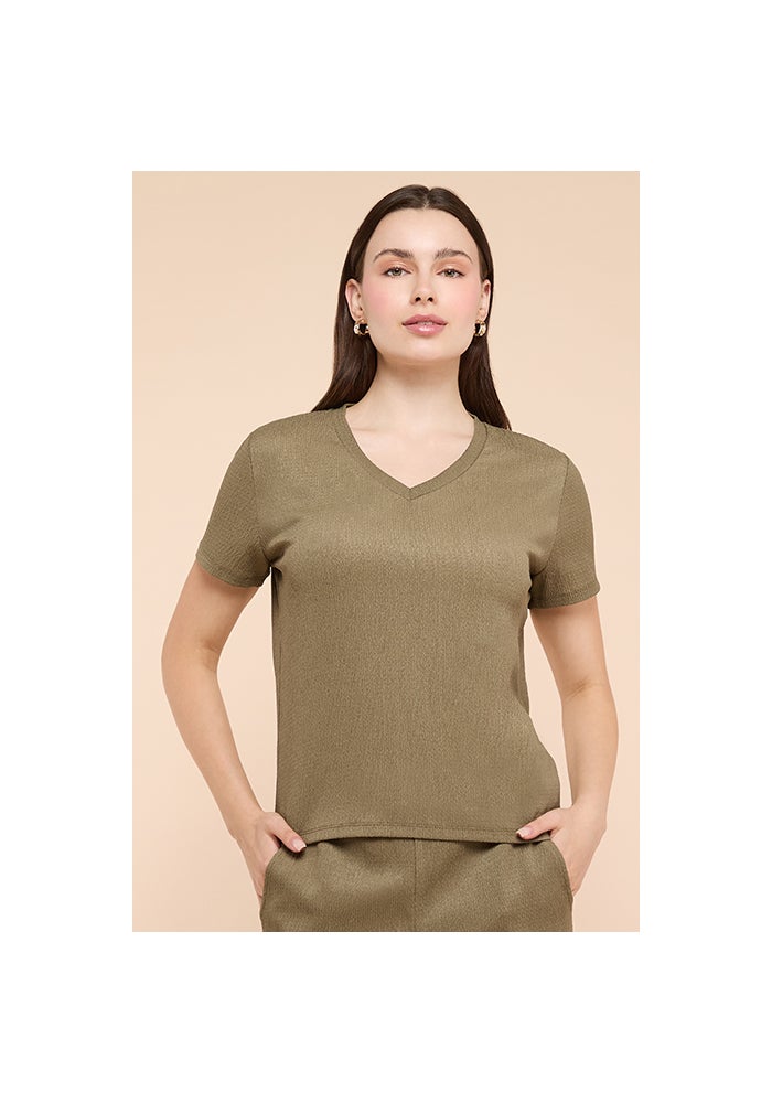 R&B Ribbed Top with V-Neck and Short Sleeves - Image 1